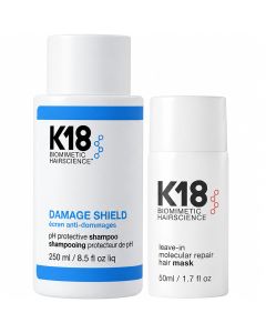 K18 Damage Shield Shampoo en Leave-In Molecular Repair Hair Mask flesjes naast elkaar