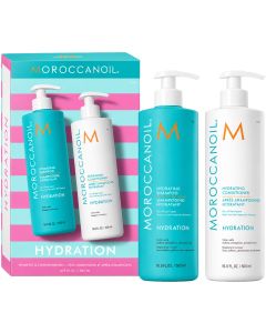 Moroccanoil Hydrating Shampoo & Conditioner Duo met roze-turquoise doos en pompflessen