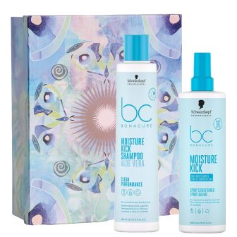 Schwarzkopf Moisture Kick Limited Edition Gift box met blauwe shampoofles en spuitfles voor een kleurrijke geschenkdoos