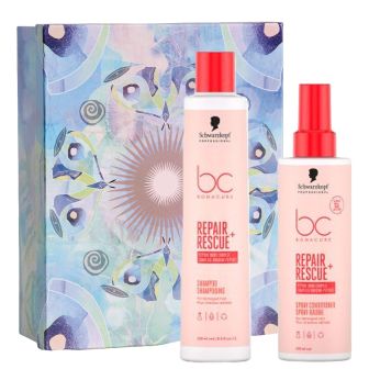 Schwarzkopf Repair Rescue Limited Edition Gift box met twee roze flessen met rode dop voor een blauwpaarse geschenkdoos