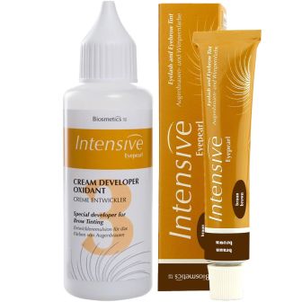 Intensief Wimperverf Bruin & Crème Developer, druppelfles en tube naast elkaar