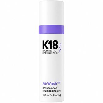K18 Airwash Dry Shampoo witte spuitbus met paarse band, pakshot
