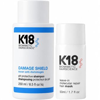 K18 Damage Shield Shampoo en Leave-In Molecular Repair Hair Mask flesjes naast elkaar