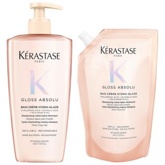 Kérastase Gloss Absolu Bain Riche Crème Hydra Glaze Shampoo 500 ml + Refill Shampoo 500 ml Voordeelset voor Dik en Pluizig Haar