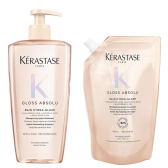 Kérastase Gloss Absolu Bain Hydra-Glaze Shampoo 500 ml + Refill Shampoo 500 ml Voordeelset voor Lang en Pluizig Haar