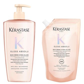 Kérastase Gloss Absolu Bain Riche Crème Hydra-Glaze Shampoo 500 ml + Refill Shampoo 500 ml Voordeelset voor Dik en Pluizig Haar