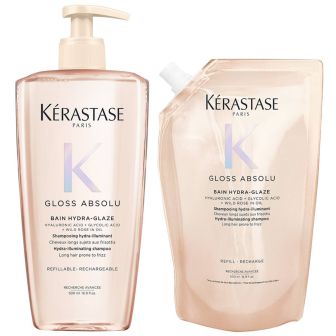Kérastase Gloss Absolu Bain Hydra Glaze Shampoo 500 ml + Refill Shampoo 500 ml Voordeelset voor Lang en Pluizig Haar