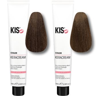 KIS KeraCream Color twee witte tubes met bruine haarplukjes ernaast