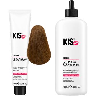 KIS KeraCream Color en Oxycrème pakshot met crèmetube, flacon en haarkleurstaal