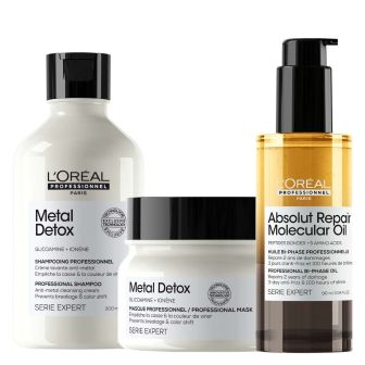 L'Oréal Professionnel Metal Detox Shampoo + Masker + Absolute Repair Molecular Bi-Phase Haarolie Voordeelset Beschadigd en Breekbaar Haar
