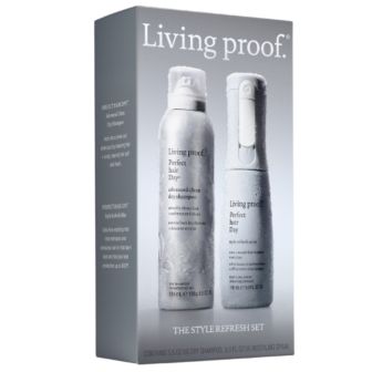 Living Proof The Style Refresh Set, grijze verpakkingsdoos met twee sprayflacons erop afgebeeld