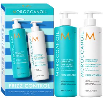 Moroccanoil Frizz Control shampoo en conditioner met blauw-witte gestreepte doos ernaast