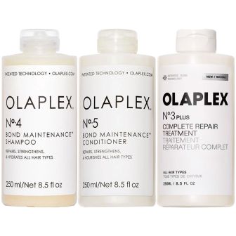 Olaplex voordeelset met drie witte flacons naast elkaar, pakshot