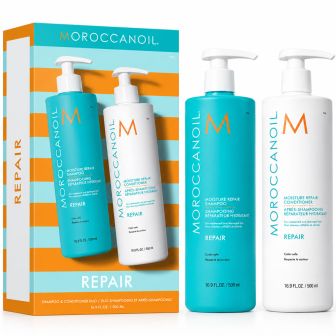 Moroccanoil Moisture Repair Duo pakshot met doos en twee pompflacons ernaast