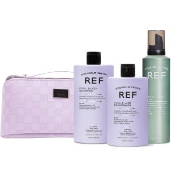REF Beauty Cool Silver Giftbag met tasje, shampoo, conditioner en mousse in pakshot