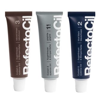 Refectocil Wenkbrauw Wimper Verf tubes in natural brown, graphite en blue black naast elkaar