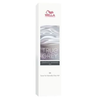 Wella Professionals True Grey pakshot van witte langwerpige doos met zilvergrijze golvende afbeelding en donkere balk