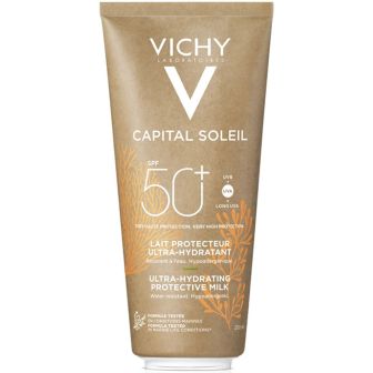 Vichy Capital Soleil beschermende melk in bruine kraftpapieren tube met oranje wierprint