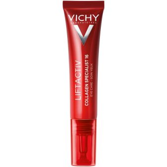 Vichy LIFTACTIV Collagen Specialist 16 oogcrème in rechtopstaande rode tube met applicatortip