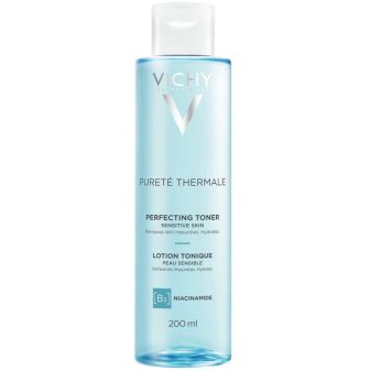 Vichy Purete Thermale Tonic pakshot van doorzichtige lichtblauwe fles met witte dop
