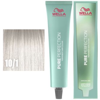 Wella Professionals Pure Perfection pakshot met mintgroene tube, bijpassende doos en een staal zilverblond haar