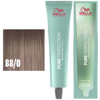 Wella Professionals Pure Perfection pakshot met mintgroene tube, doosje en kleurstaal van glad asbruin haar