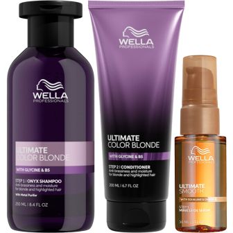 Wella Professionals Ultimate Blonde en Smooth voordeelset pakshot met paarse fles, paarse tube en kleine oranje pompflacon