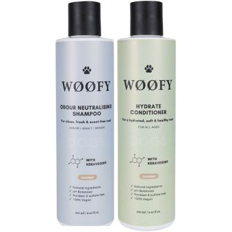 Woofy Shampoo & Conditioner Coconut set met twee flessen met zwarte dop