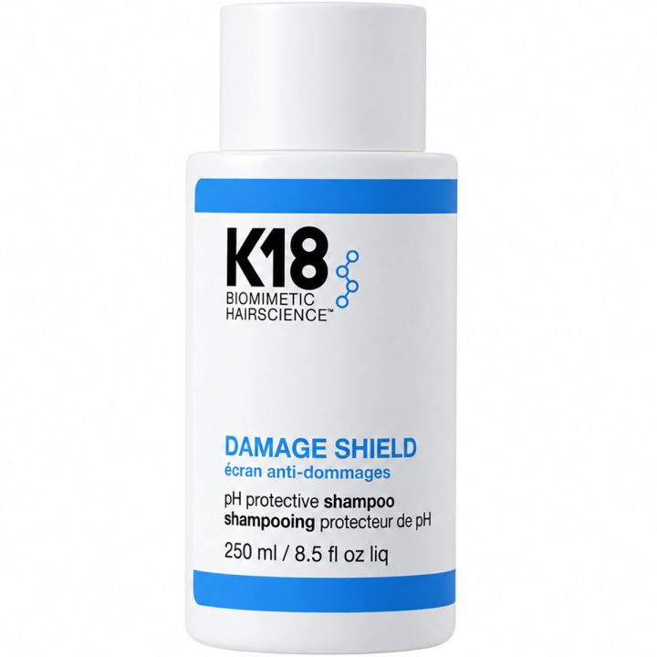 K18 Damage Shield Shampoo witte pompfles met blauwe streep, pakshot