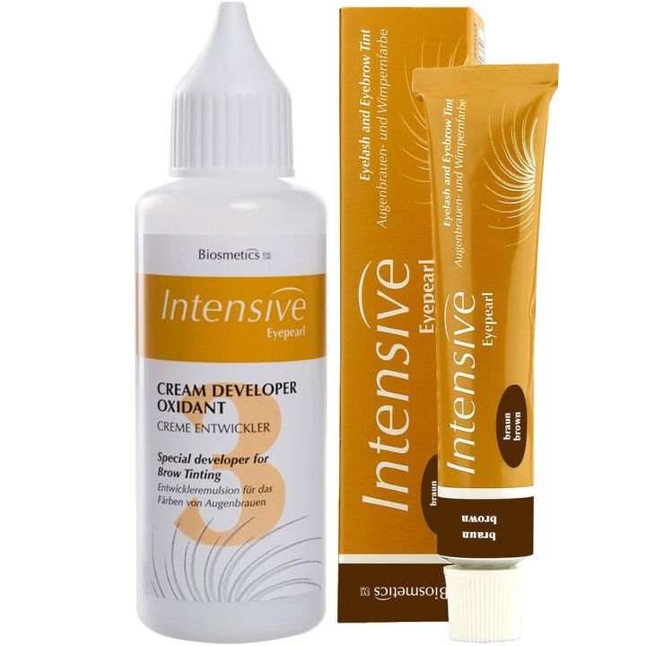 Intensief Wimperverf Bruin & Crème Developer, druppelfles en tube naast elkaar