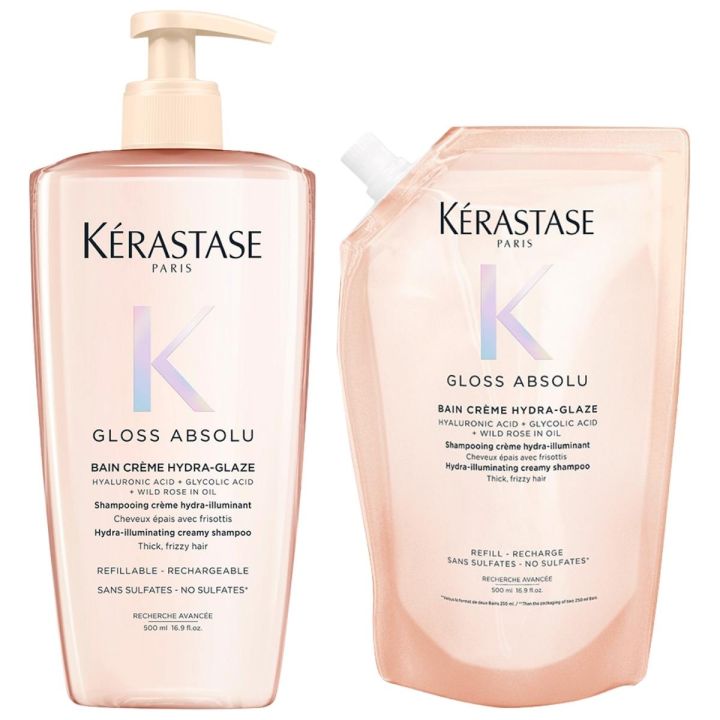 Kérastase Gloss Absolu Bain Riche Crème Hydra Glaze Shampoo 500 ml + Refill Shampoo 500 ml Voordeelset voor Dik en Pluizig Haar