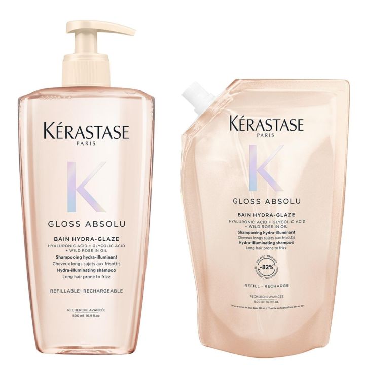 Kérastase Gloss Absolu Bain Hydra-Glaze Shampoo 500 ml + Refill Shampoo 500 ml Voordeelset voor Lang en Pluizig Haar