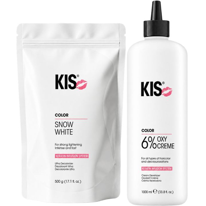 KIS Color Oxycrème 6% en Snow White blondeerpoeder naast elkaar, pakshot