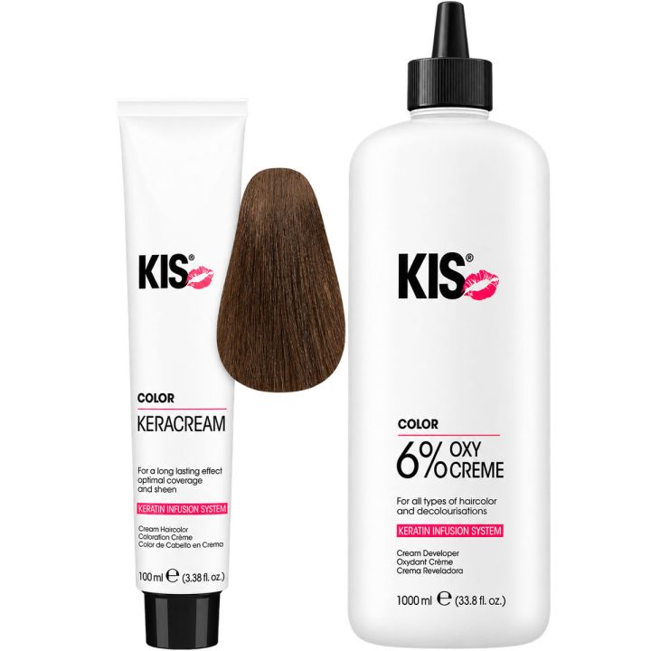 KIS KeraCream Color en Oxycrème pakshot met haarkleurstaal in bruine tint
