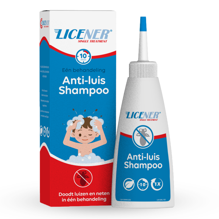 Licener Anti Luis Shampoo pakshot met blauw-witte flacon en verpakking naast elkaar