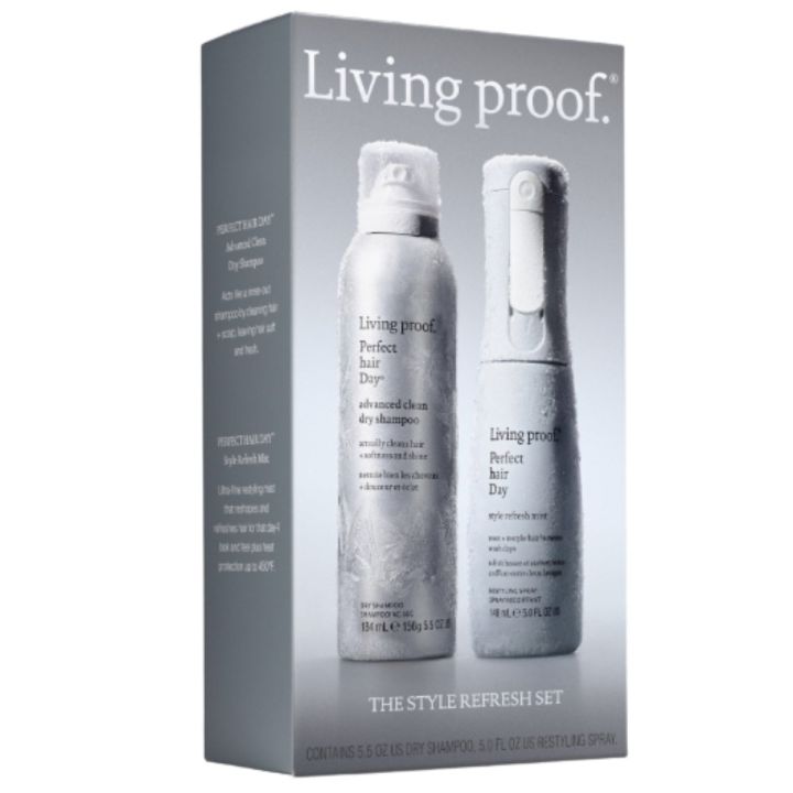 Living Proof The Style Refresh Set, grijze verpakkingsdoos met twee sprayflacons erop afgebeeld