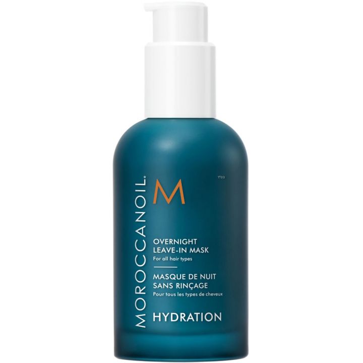 Moroccanoil Overnight Leave-In Mask pakshot met blauwgroene pompfles op witte achtergrond