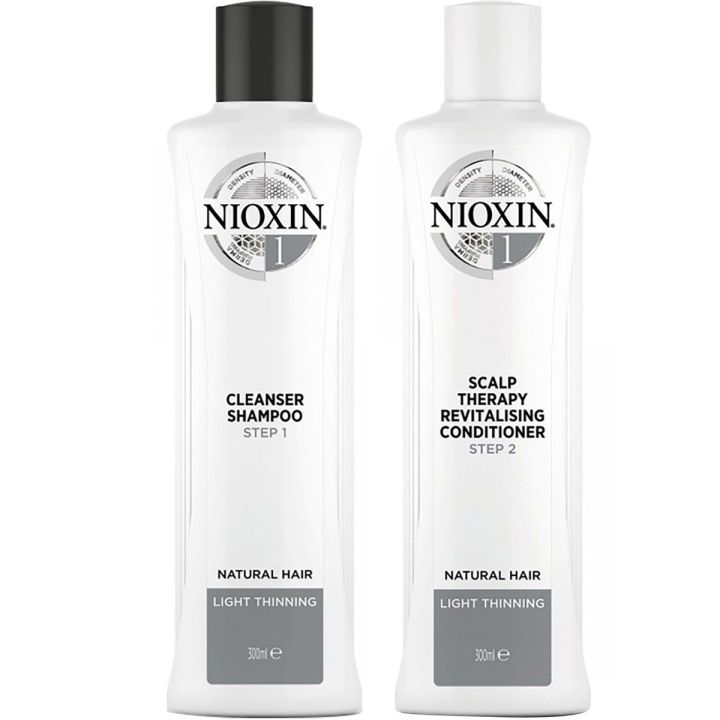 Nioxin System 1 Cleanser Shampoo en Scalp Therapy Conditioner flessen van 300ml naast elkaar