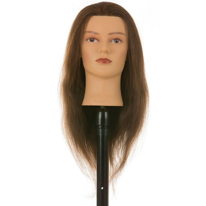 Kappershoofd Hellen Bruin Haar 50 cm met lang steil haar op standaard