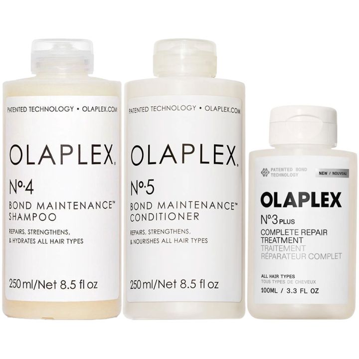 Olaplex voordeelset met drie flacons shampoo, conditioner en treatment naast elkaar