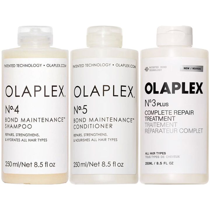 Olaplex voordeelset met drie witte flacons naast elkaar, pakshot