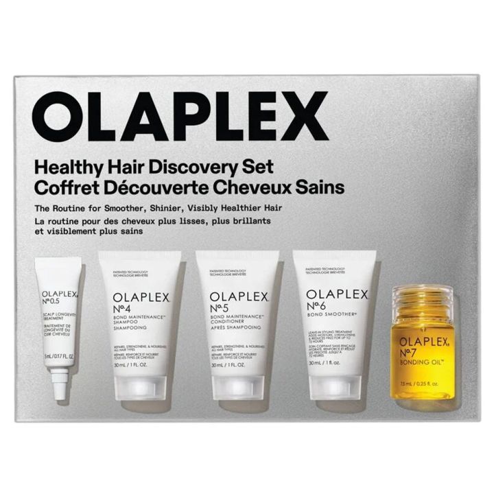 Olaplex Healthy Hair Discovery Set met zilveren doos en vijf kleine flessen ernaast