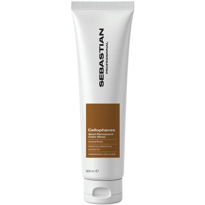 Sebastian Cellophanes Caramel Brown witte tube met bruin etiket, staand pakshot
