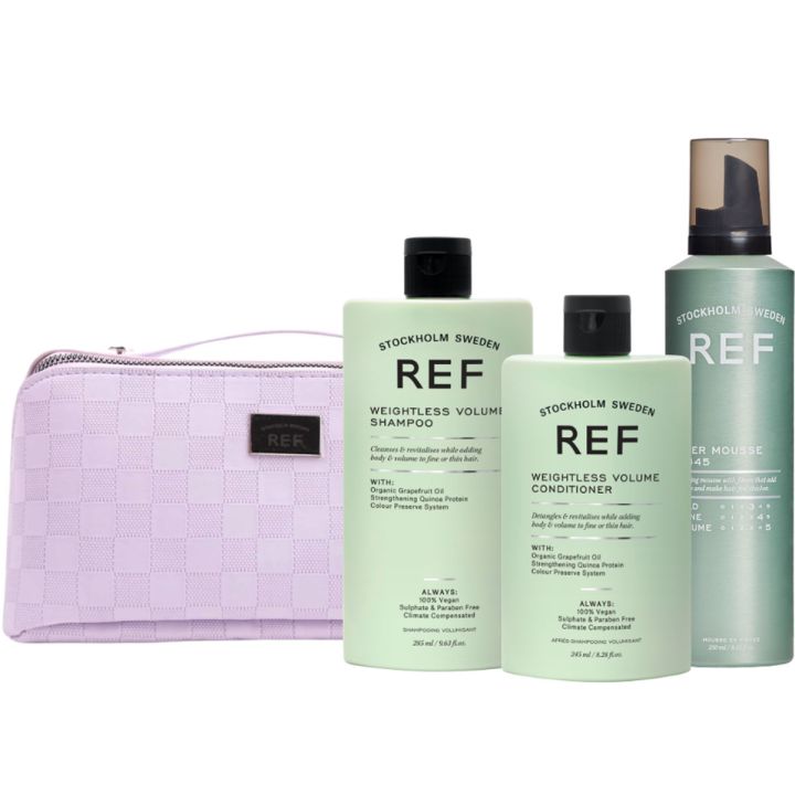 REF Weightless Volume Giftbag met shampoo, conditioner, mousse en lila toilettas