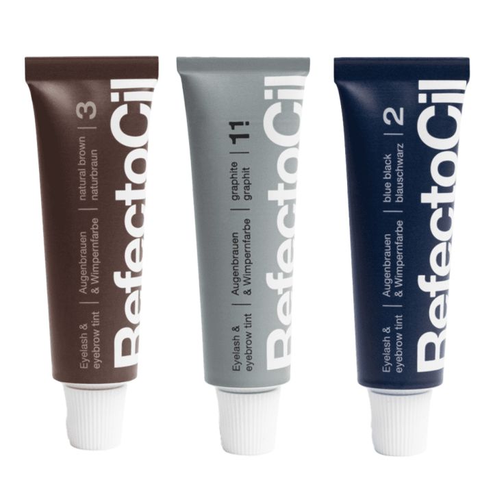 Refectocil Wenkbrauw Wimper Verf tubes in natural brown, graphite en blue black naast elkaar