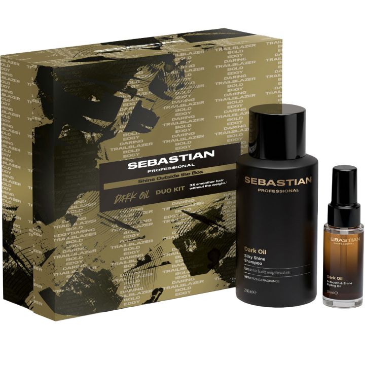 Sebastian Dark Oil Gift Box met zwarte shampoofles en bruin olieflesje naast verpakking