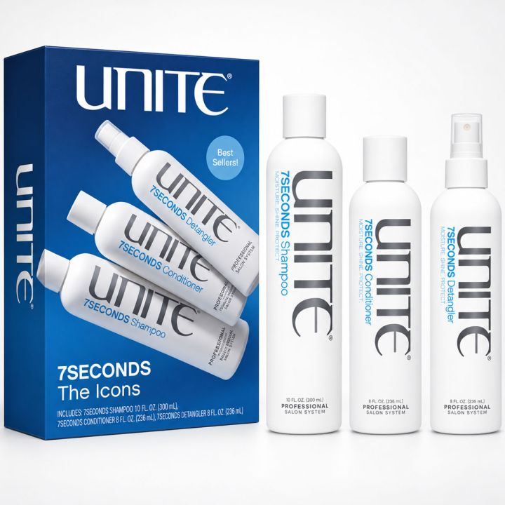 Unite The Icons Set met blauwe doos en drie witte flacons ernaast