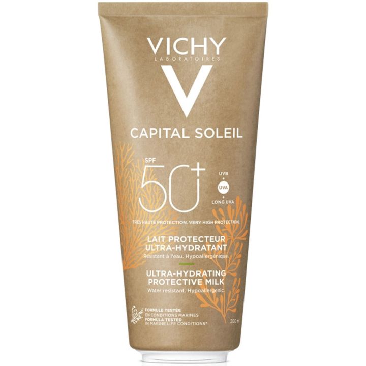 Vichy Capital Soleil beschermende melk in bruine kraftpapieren tube met oranje wierprint