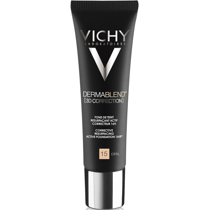 Vichy Dermablend 3D Correctie pakshot van zwarte tube met zilveren dop