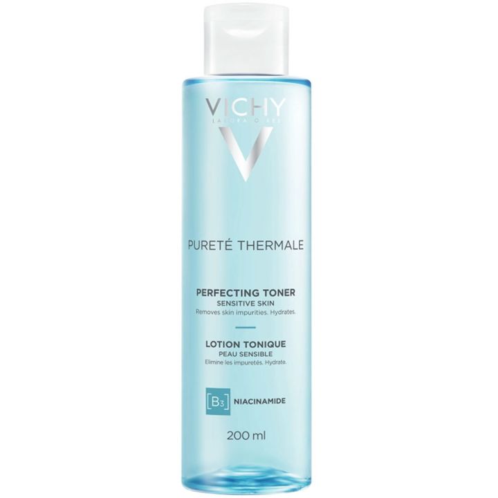 Vichy Purete Thermale Tonic pakshot van doorzichtige lichtblauwe fles met witte dop